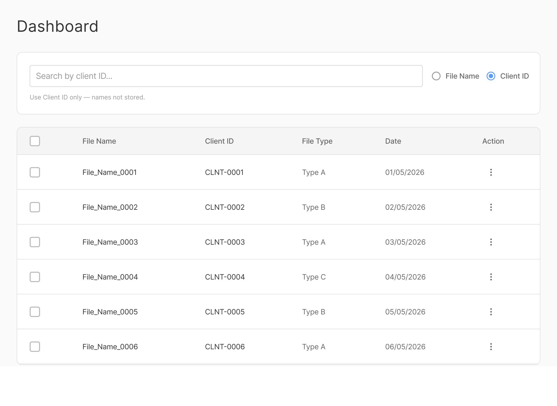 Dashboard wireframe 1 — data files list